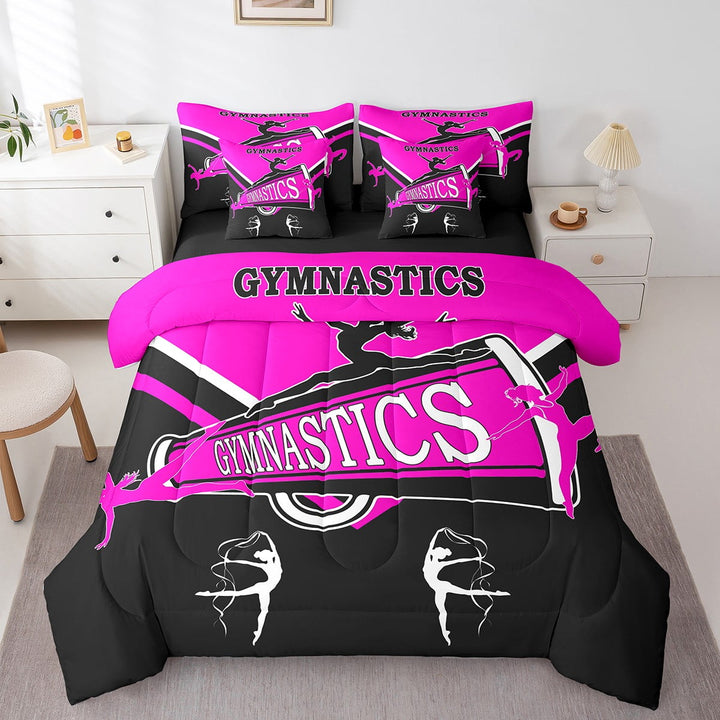 Gymnastics Twin Comforter Set 7-Piece Cute Gymnast Girl Bedding Comforter Sets, Black and Pink Bed in a Bag Dancer Princess Bedding Set, Gymnastics Dance Bed Sheets Set Girls Room Decorative