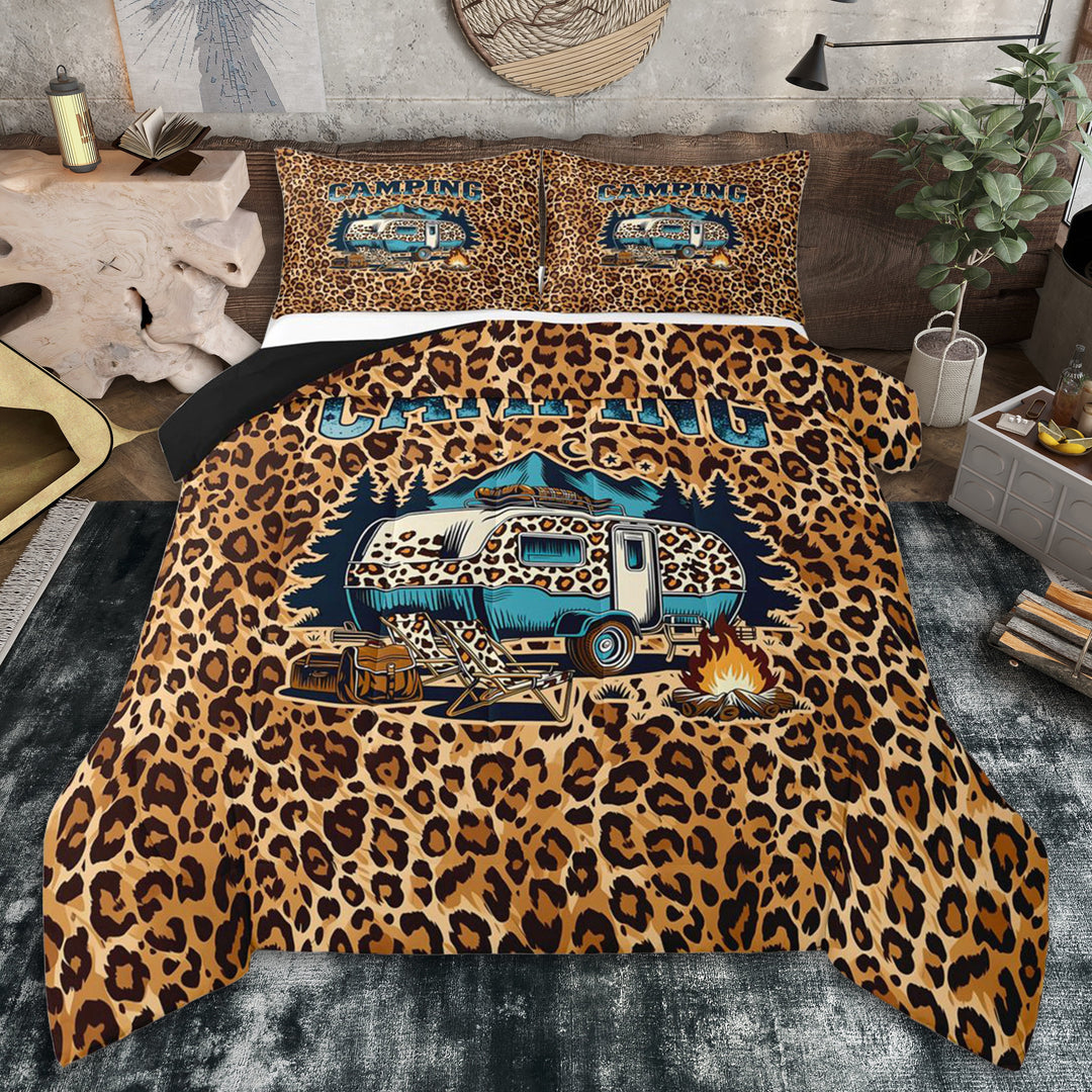 Erosebridal Leopard Print RV Car Full Size Comforter Sets 3 Pieces for Boys Girls,Teens Happy Camping Bedding Sets,Black Reversible,Microfiber Bedroom Decor