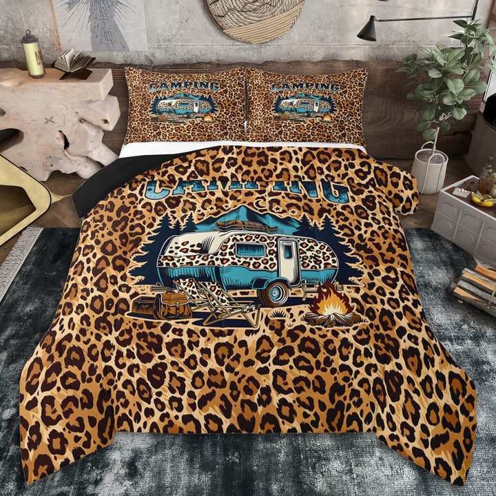 Erosebridal Leopard Print RV Car Full Size Comforter Sets 3 Pieces for Boys Girls,Teens Happy Camping Bedding Sets,Black Reversible,Microfiber Bedroom Decor