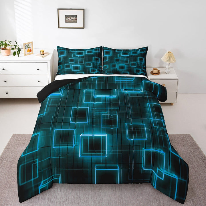 Geometry Bedding Set,Neon Square Blue Black Quilt Twin Size Adults,Geometric Strip Lines Comforter Set Modern Gradient Cubes Down Comforter