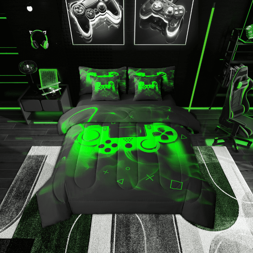 Erosebridal Youth Gaming Bed in a Bag Twin Size, Video Game Green Gamepad Bed Set, Gamer Bedroom Decor, Reversible 7 Pieces