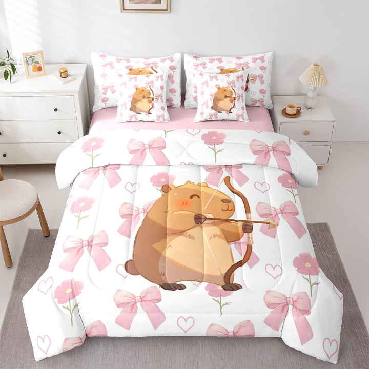 Erosebridal Cartoon Animals Capybara 7-Piece Twin Bedding Sets,Cute Bowknots Kawaii Floral Bedding Comforter Set For Kids Girls ,Reversible Pink