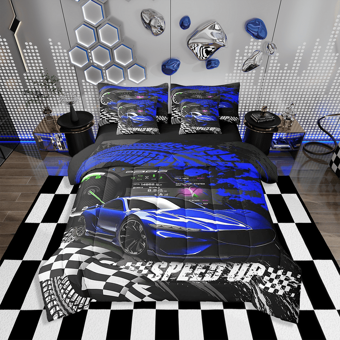 Blue Race Car Comforter Set with Sheets Full,Sports Car 7 Pieces Bedding Set Race car Bed in A Bag Racing Car Bed Set 7Pcs