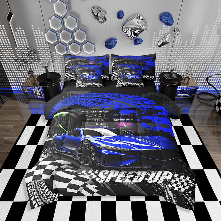 Blue Race Car Comforter Set with Sheets Full,Sports Car 7 Pieces Bedding Set Race car Bed in A Bag Racing Car Bed Set 7Pcs