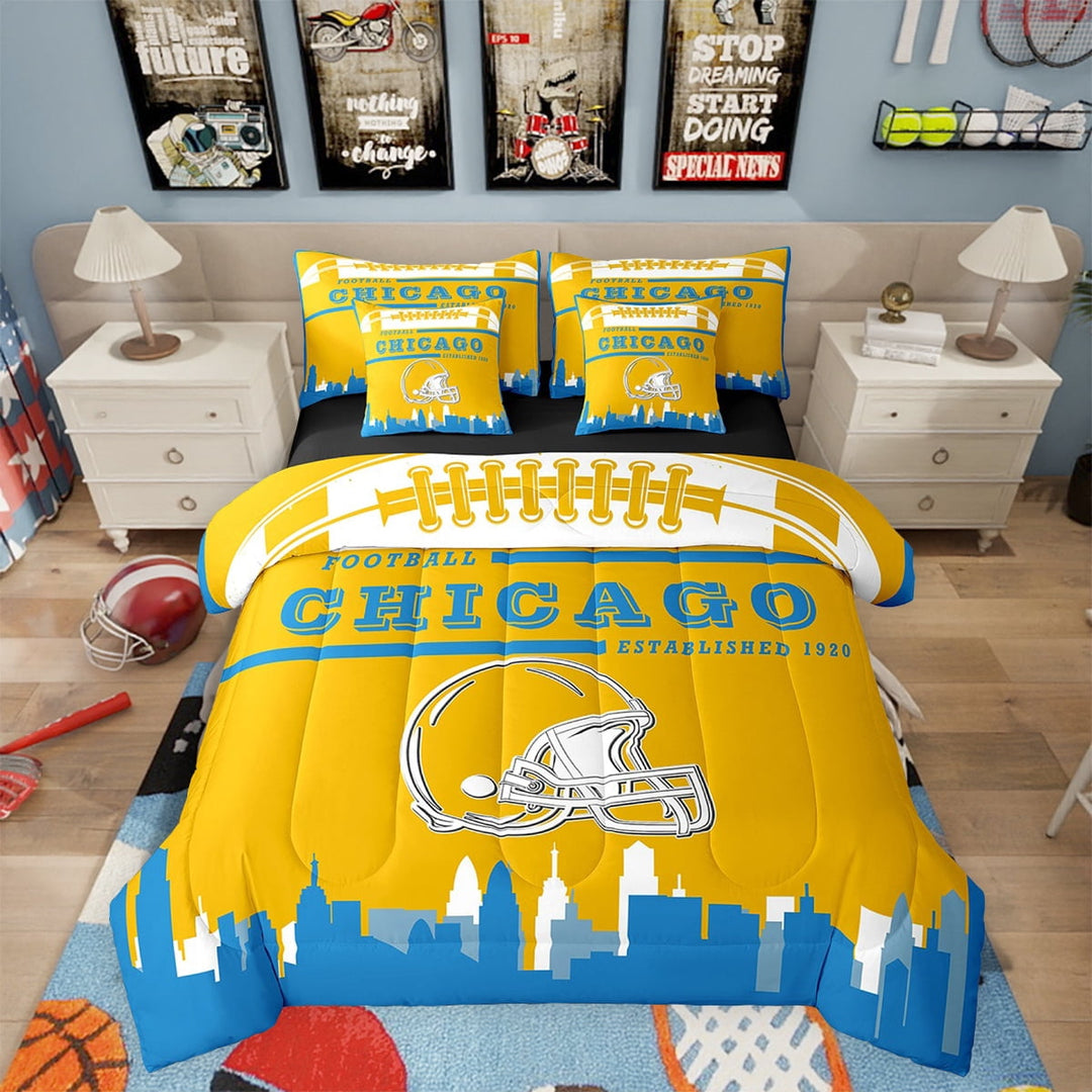7 Piece Sports Bedding Sets,American Football Fans Bed in a Bag Twin Size Rugby Player Comforter Set with Sheets Football Lovers Bed Set Yellow Blue Sheets (Chicago)
