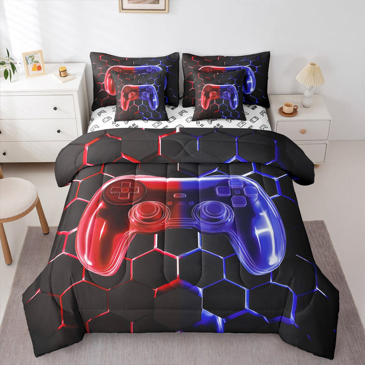 Erosebridal Teens Gaming Bedding Twin Size, Red Blue Gamepad Bedding Sets Twin Size, Chic Honeycomb Decor, Reversible 7pcs