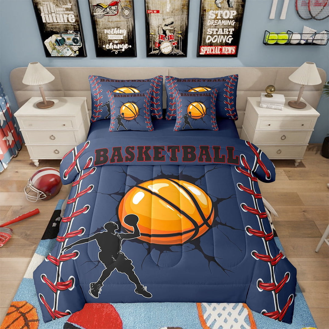 Erosebridal Teens Basketball Bedding Sets Twin Size, Blue Comforter Sets with Sheets, Sport Game Ball Decor, Lightweight