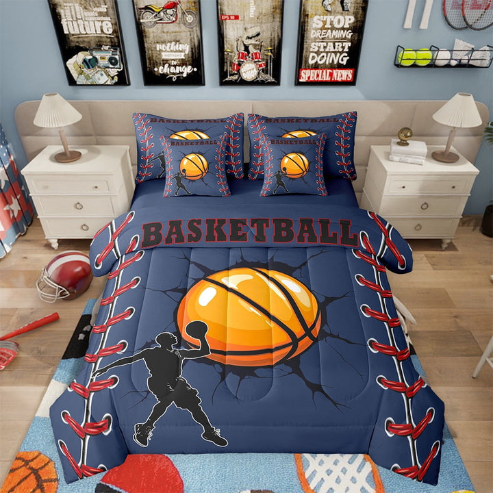 Erosebridal Teens Basketball Bedding Sets Twin Size, Blue Comforter Sets with Sheets, Sport Game Ball Decor, Lightweight