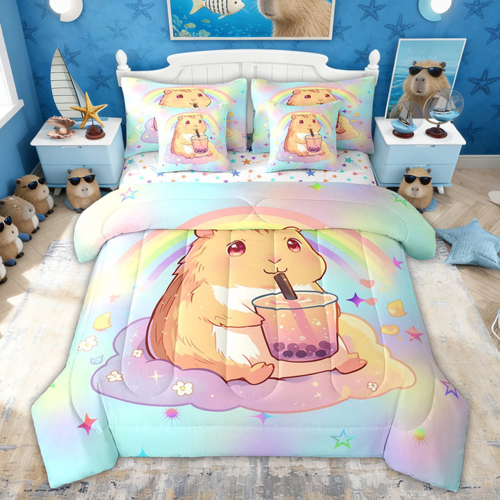 Erosebridal Boba Capybara Twin Bedding Sets for Kids, Galaxy Rainbow Bedding Comforter Set, Blue, 7 Pieces
