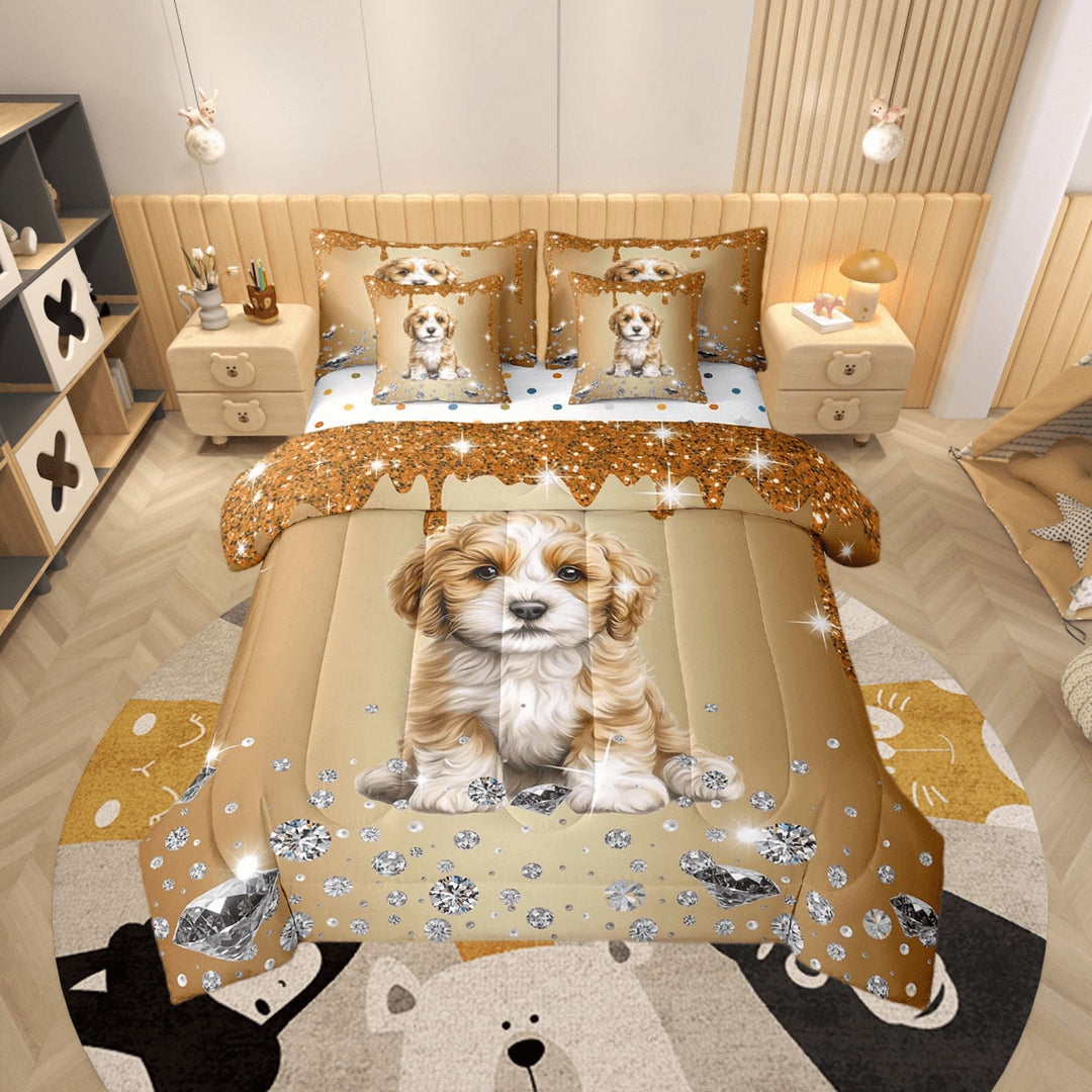 Dog Comforter Set 7 Piece Bed in a Bag Twin,Brown Sequin Fluid Art Comforter and Sheet Set,Crystal Diamond Bedding Set,Cute Animals Bed Set Lovely Pet Kawaii Room Decor