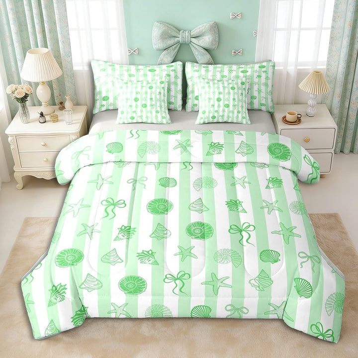 Erosebridal Teens Princess Ribbon Bowtie Twin Bedding Sets 7-Piece,Girls Green Sea Starfish Seashell Bedding Comforter Set,Grey Reversible,Lightweight Room Decor