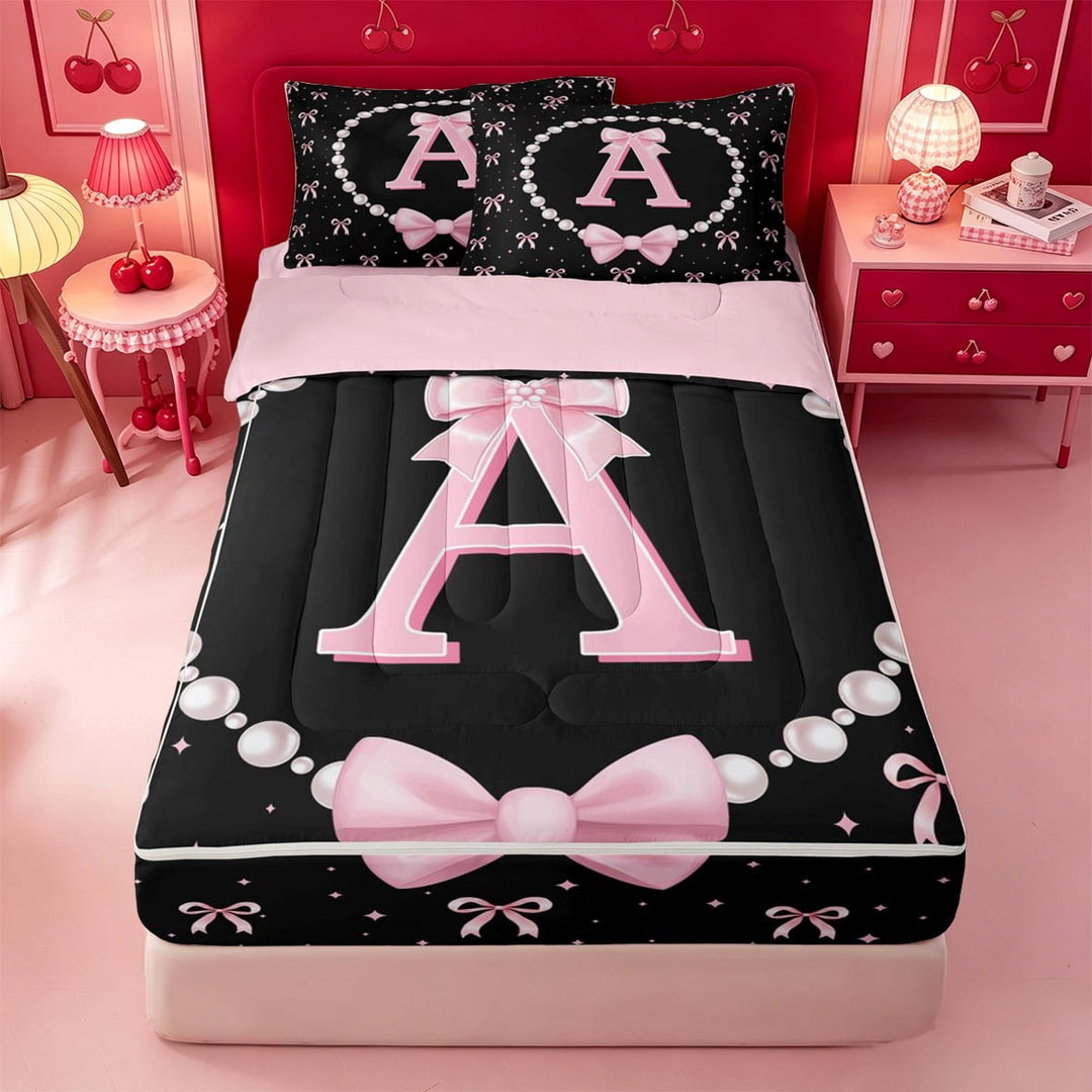 meiyoeat Bowknot Letter Print A Zipper Twin Comforter Sets with Fitted Sheet and 2 Pillowcases For Girls,Girly Pink Bow Zipper Bedding Set For Kids,Pink Reversible,4 Pieces