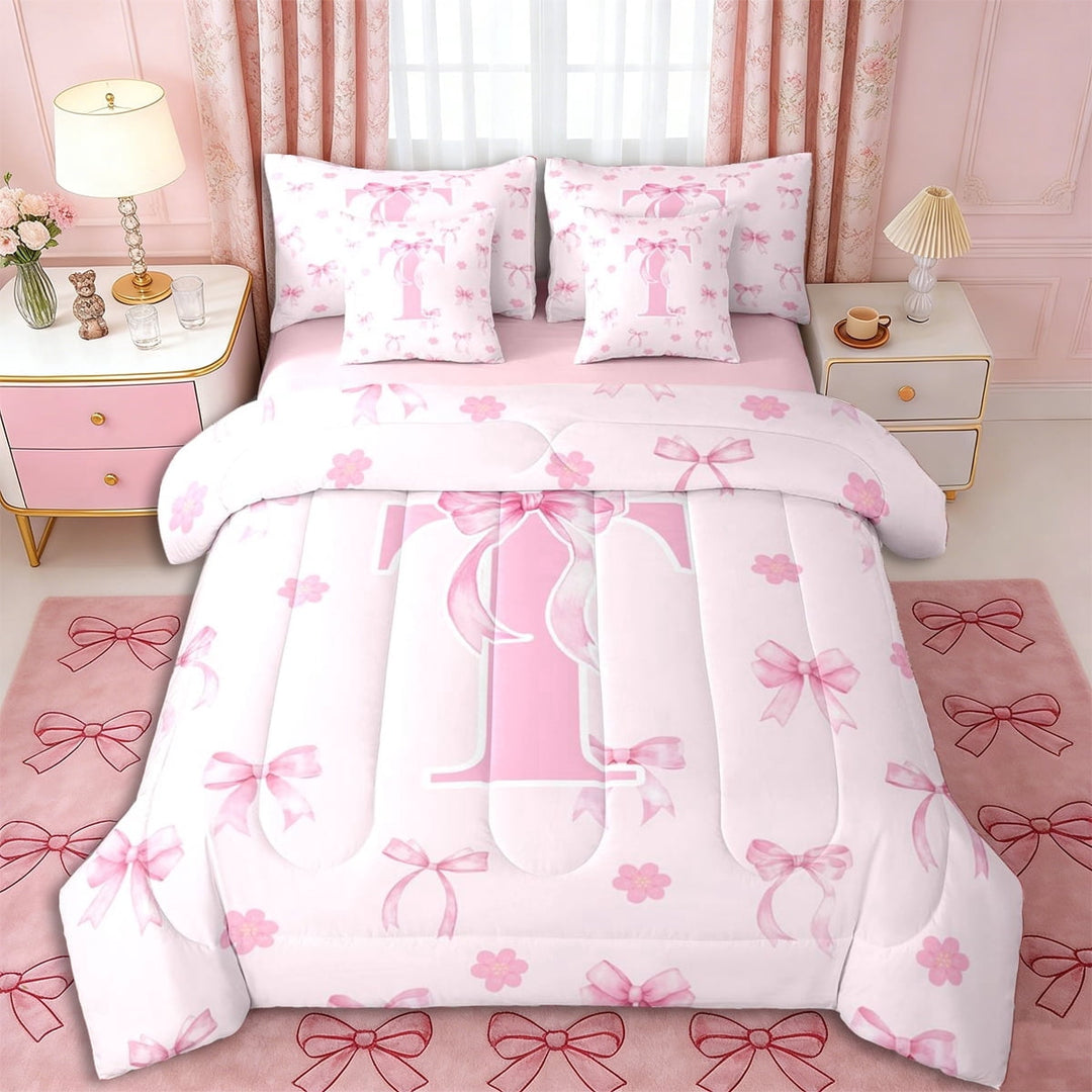 Erosebridal Pink Bowknot Personalized Initial T Twin Bedding Sets 7-Piece,Japanese Style Sakura Bedding Comforter Set,Pink Reversible,Lightweight Room Decor