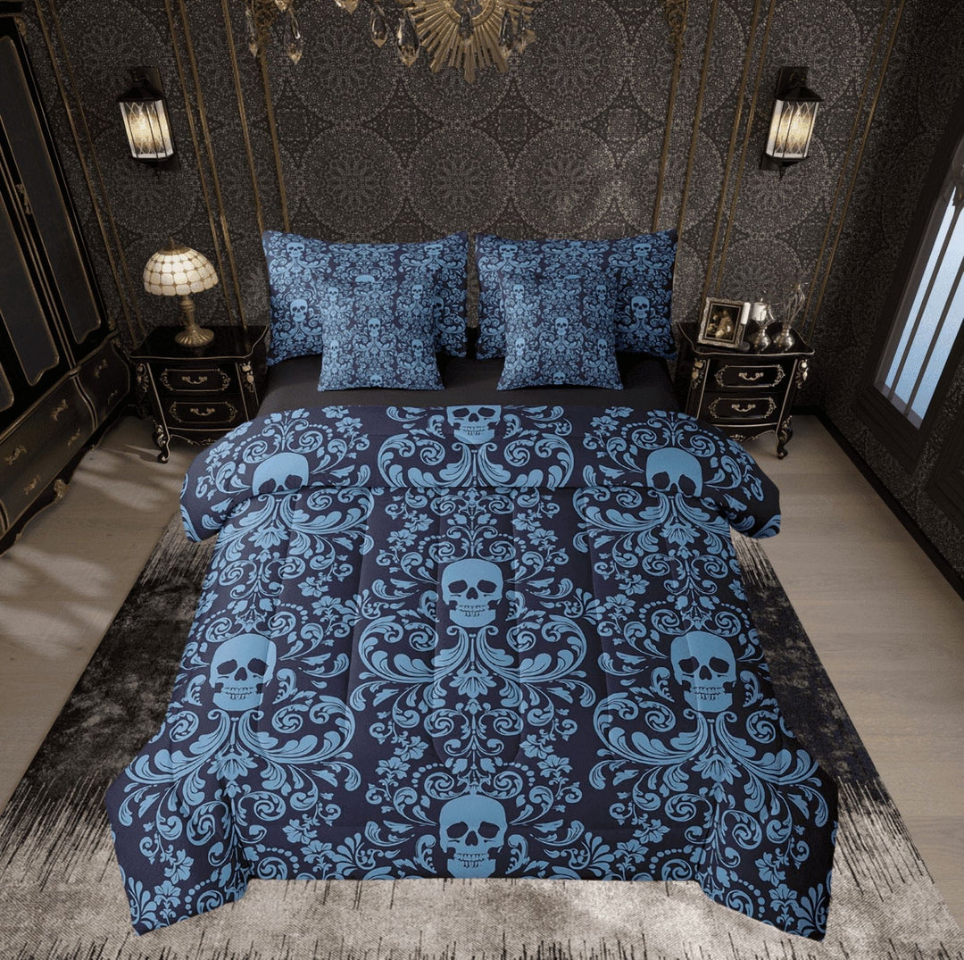 Damask Gothic Bedding Set Adults Antique Victorian Bed in a Bag King Size Comforter Set 7 Pieces,Navy Blue Sugar Skull Sheet Set Vintage Floral Goth Bed Set,Exotic Bone Skeleton Bohemian Decor