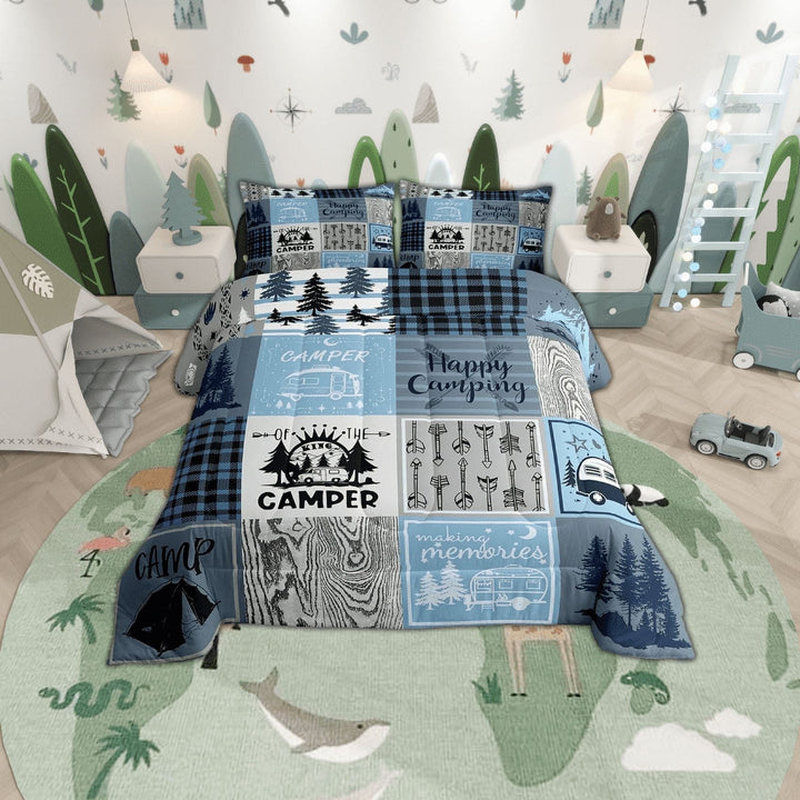 Erosebridal Camper Comforter Set Full Happy Camping Bedding Set Rv Bunk Accessories Comforter For Travel Trailers,Blue Grey Rustic Buffalo Plaid Arrow Pine Tree Quilt Duvet