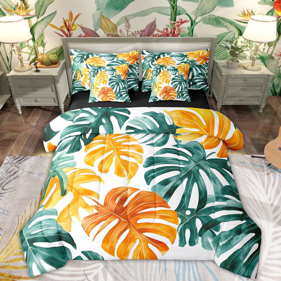 Erosebridal Summer Palm Leaf Twin Bedding Sets for Kids, Tropical Plant Bedding Comforter Set, Black Reversible, 7pcs