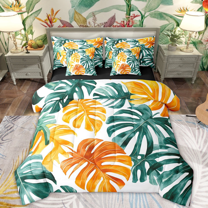 Erosebridal Summer Palm Leaf Twin Bedding Sets for Kids, Tropical Plant Bedding Comforter Set, Black Reversible, 7pcs