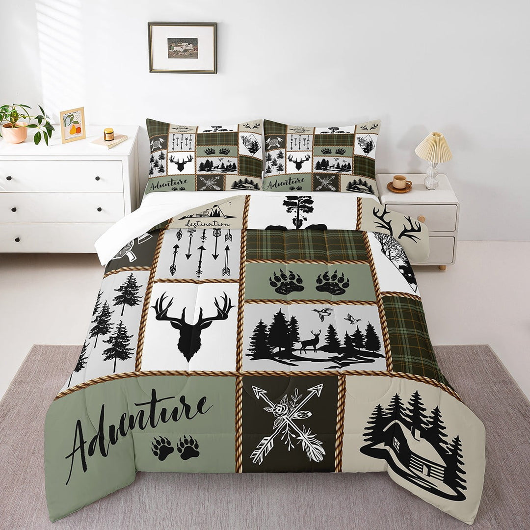 Rustic Farmhouse Comforter Set Twin Size,Deer Antlers Bear Paws Plaids Patchwork Bedding Adults Room Decor,Pine Trees Down Comforter,Retro Duvet Insert
