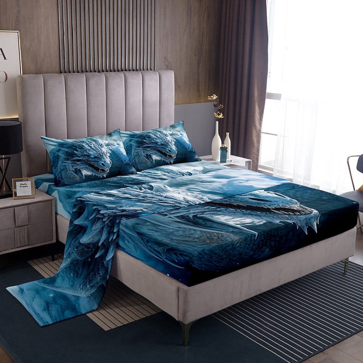 Erosebridal 3D Dragon Bed Sheets Set Ice Dragon Twin Size Sheets 3D Blue Dragon Sheet Set, Mysterious Style Bed Set with 1 Pillowcase