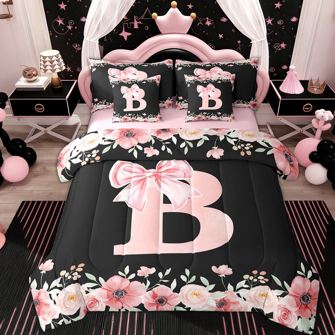 Erosebridal Bow Monogrammed B Girls Twin Bedding Sets 7-Piece, Pink Flower Bedding Comforter Set