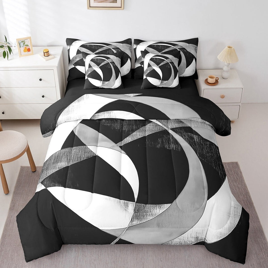Erosebridal Geometric Round Bedding Sets Twin Size,Black Grey Comforter Sets with Sheets,Abstract Artwork Bed in a Bag Twin size,Lightweight Circle Room Decor,Reversible,7pcs