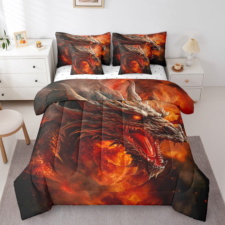 7 Pieces Comforter Set Queen Size, Red Fire Dragon Bedding Bed in a Bag with Flat Sheet and Fitted Sheet and Adults, 3D Fire Dragon Comforter Set with Sheets, Pillowcases &amp; Pillow Covers