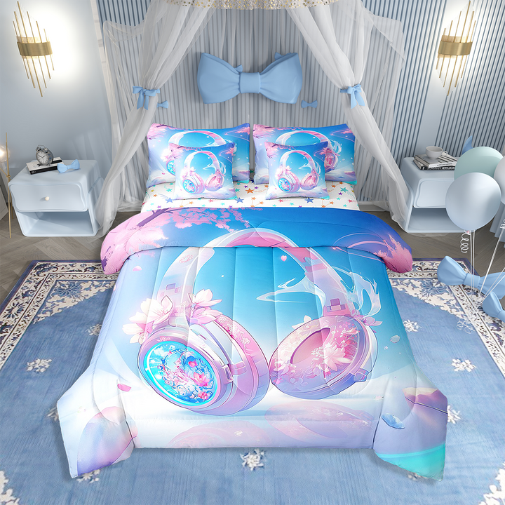 7 Piece Girly headset king Size Comforter Set,Dreamy Pink headphone Bedding Sets,Cherry Blossom Fitted Sheet Romantic Floral Flat Sheet,Musical Instrument Bed In A Bag Girls