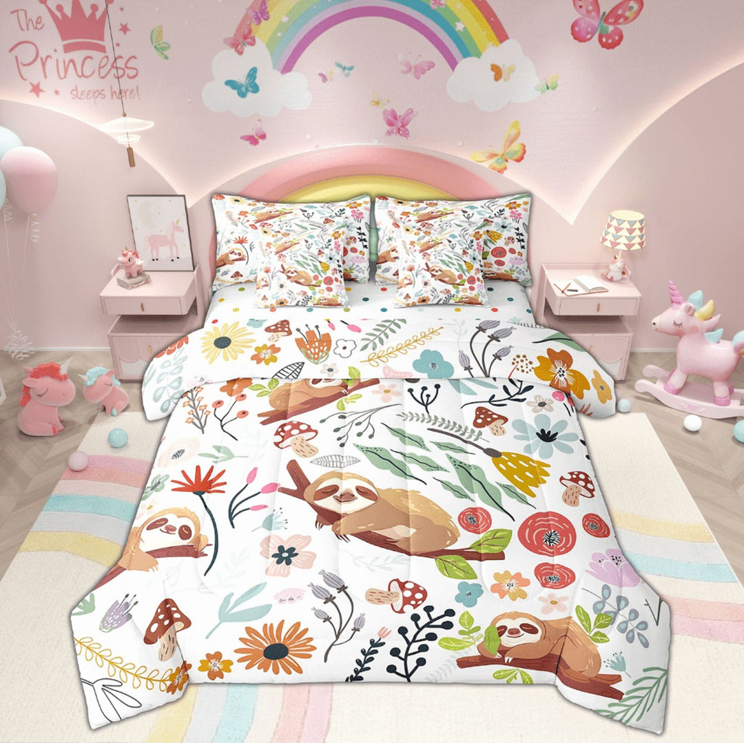 Kawaii Sloth Comforter Set 7 Piece Bed in a Bag Twin,Mushroom Floral Cartoon Animal Bedding Sets Watercolor Flowers Leaves Sheet Set with Comforter