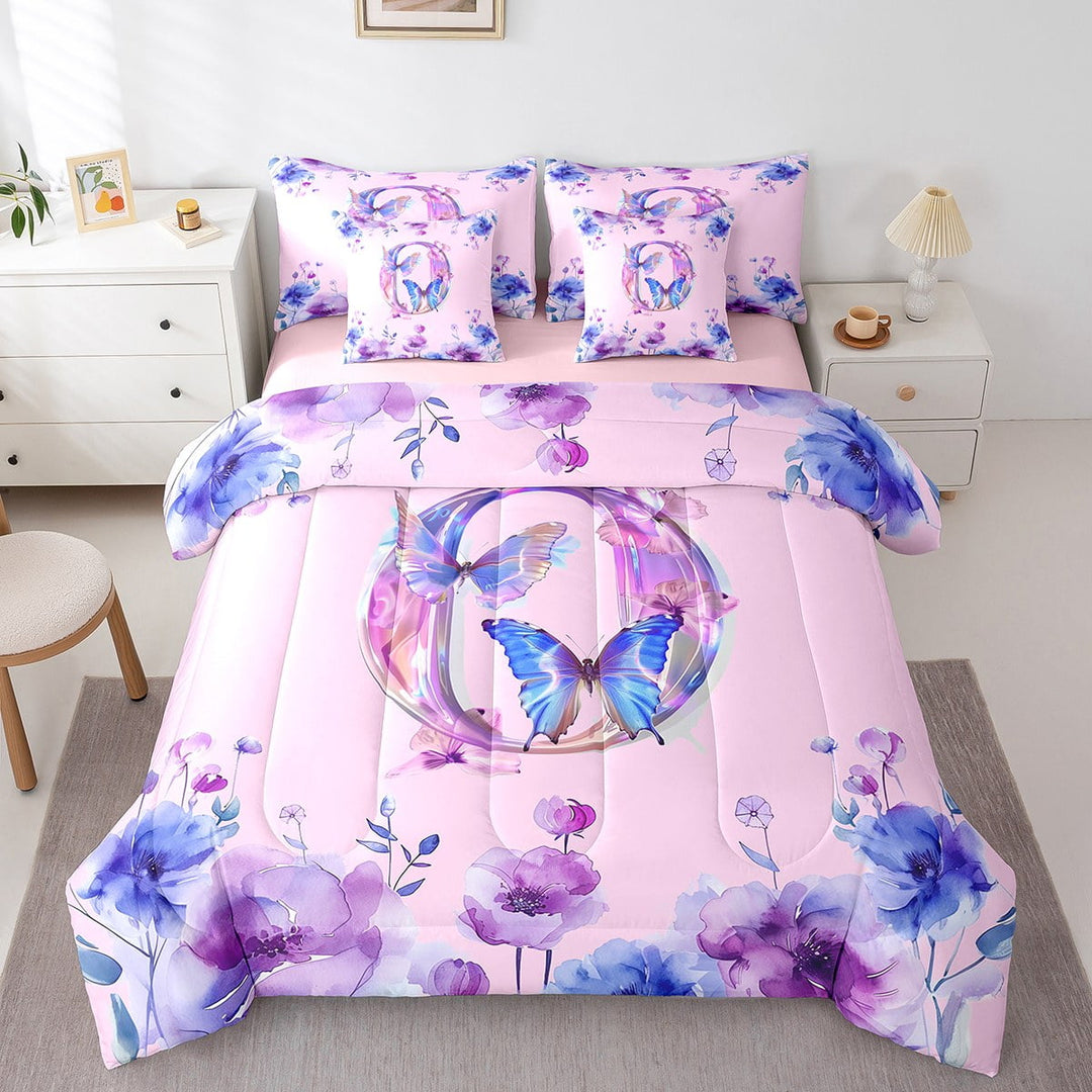 Erosebridal Initial Letter O Bedding Sets Twin Size,Monogrammed Theme Comforter Sets with Sheets,Butterfly Flower Floral Bed in a Bag Twin Size,Super Cozy Room Decorative Reversible,7-Piece