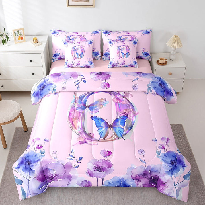 Erosebridal Initial Letter O Bedding Sets Twin Size,Monogrammed Theme Comforter Sets with Sheets,Butterfly Flower Floral Bed in a Bag Twin Size,Super Cozy Room Decorative Reversible,7-Piece