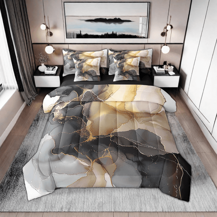 Chic Marble Bed in a Bag 7pcs Black Gold Watercolor Bedding Set , Mountain Fluid Queen Size Comforter Set Aesthetic Marbling Bedding Comforter Sets, Stone Pattern Bed Set