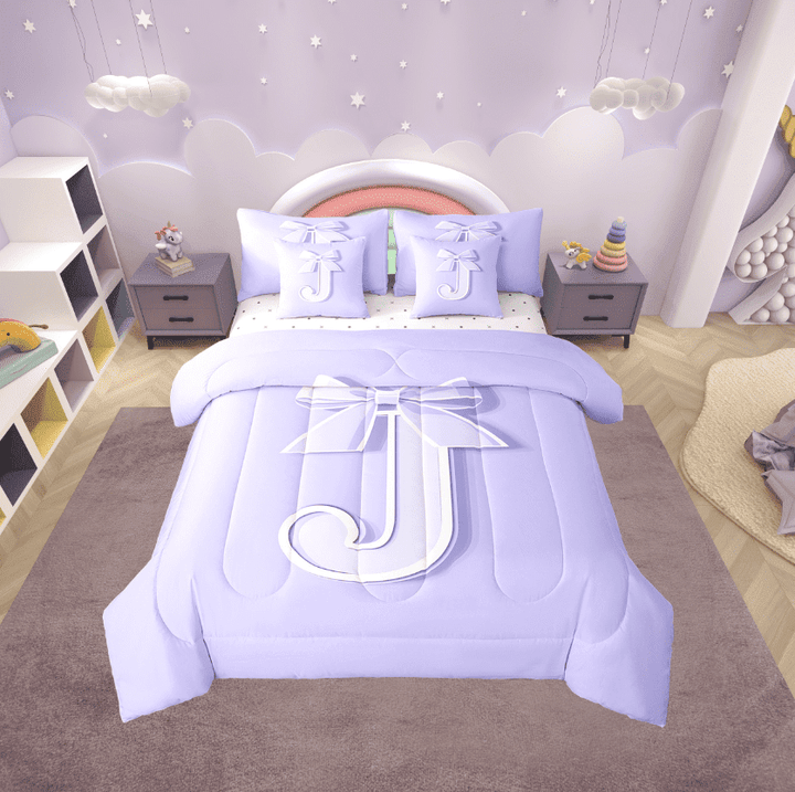 Erosebridal Initial Letter J Bedding Sets Twin Size, Purple Comforter Sets with Sheets, Kawaii Bow-tie Reversible Bed Set, Lightweight Room Decorative, 7 Pieces
