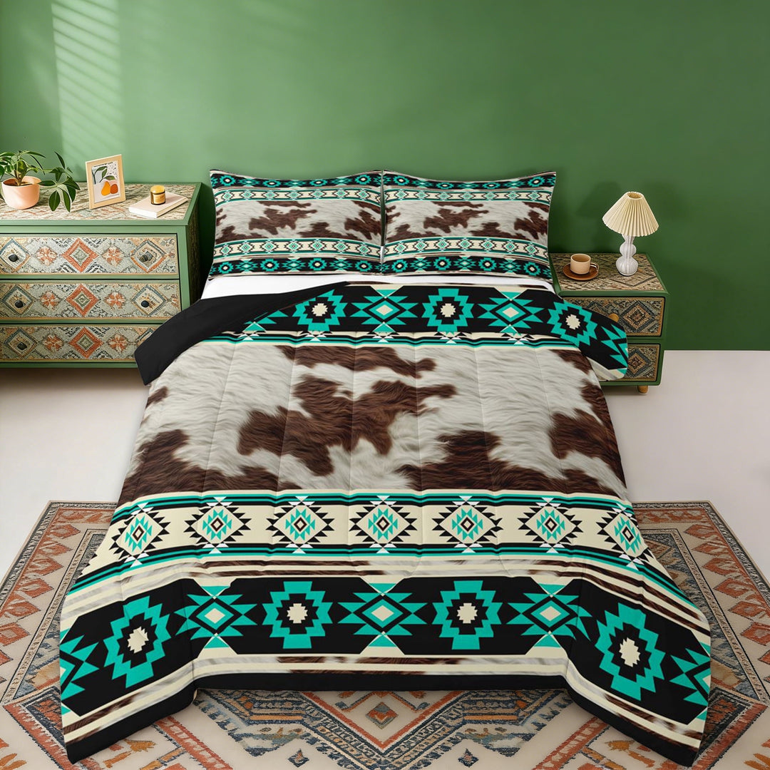 Erosebridal Brown Cow Print Full Size Comforter Sets, Rustic Farmhouse Bedding Sets, Teal Aztec Decor, Black Reversible 3 Pieces, 1 Comforter and 2 Pillowcases