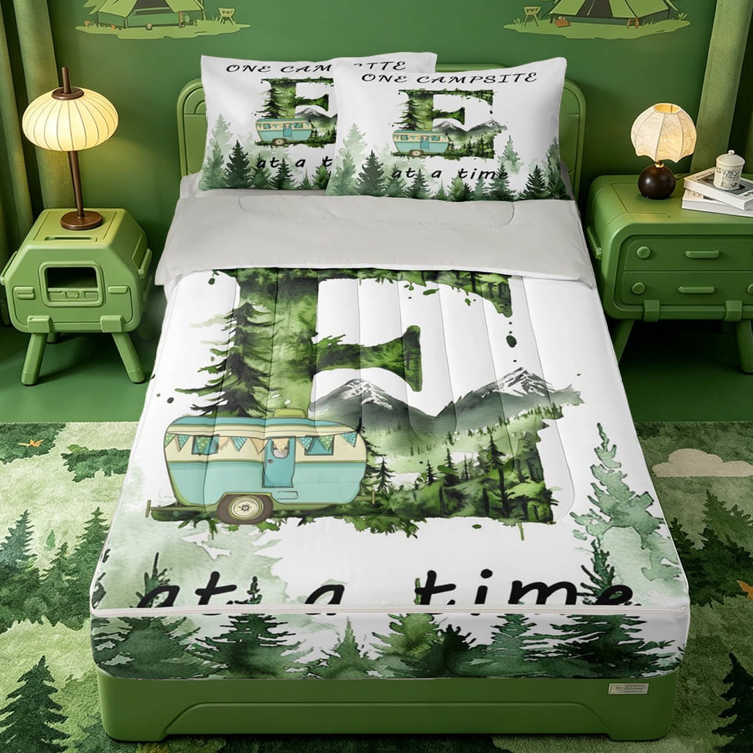 meiyoeat Rv Trailers Camper Zipper Twin Comforter Sets with Fitted Sheet and 2 Pillowcases For Boys,Monogrammed Alphabet E Print Zipper Bedding Set,Light Gray Reversible,4-Piece