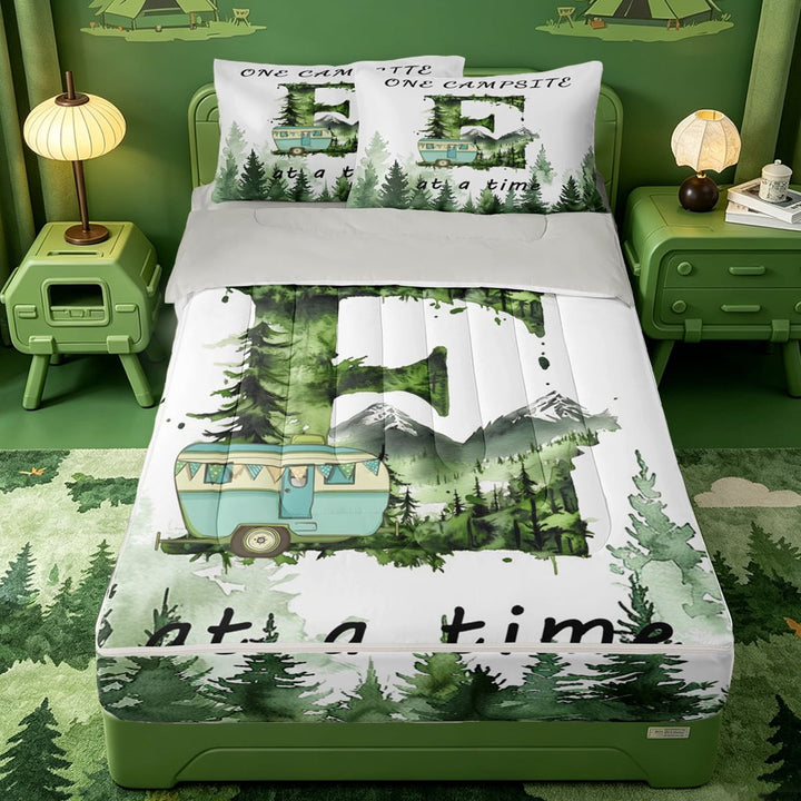 meiyoeat Rv Trailers Camper Zipper Twin Comforter Sets with Fitted Sheet and 2 Pillowcases For Boys,Monogrammed Alphabet E Print Zipper Bedding Set,Light Gray Reversible,4-Piece