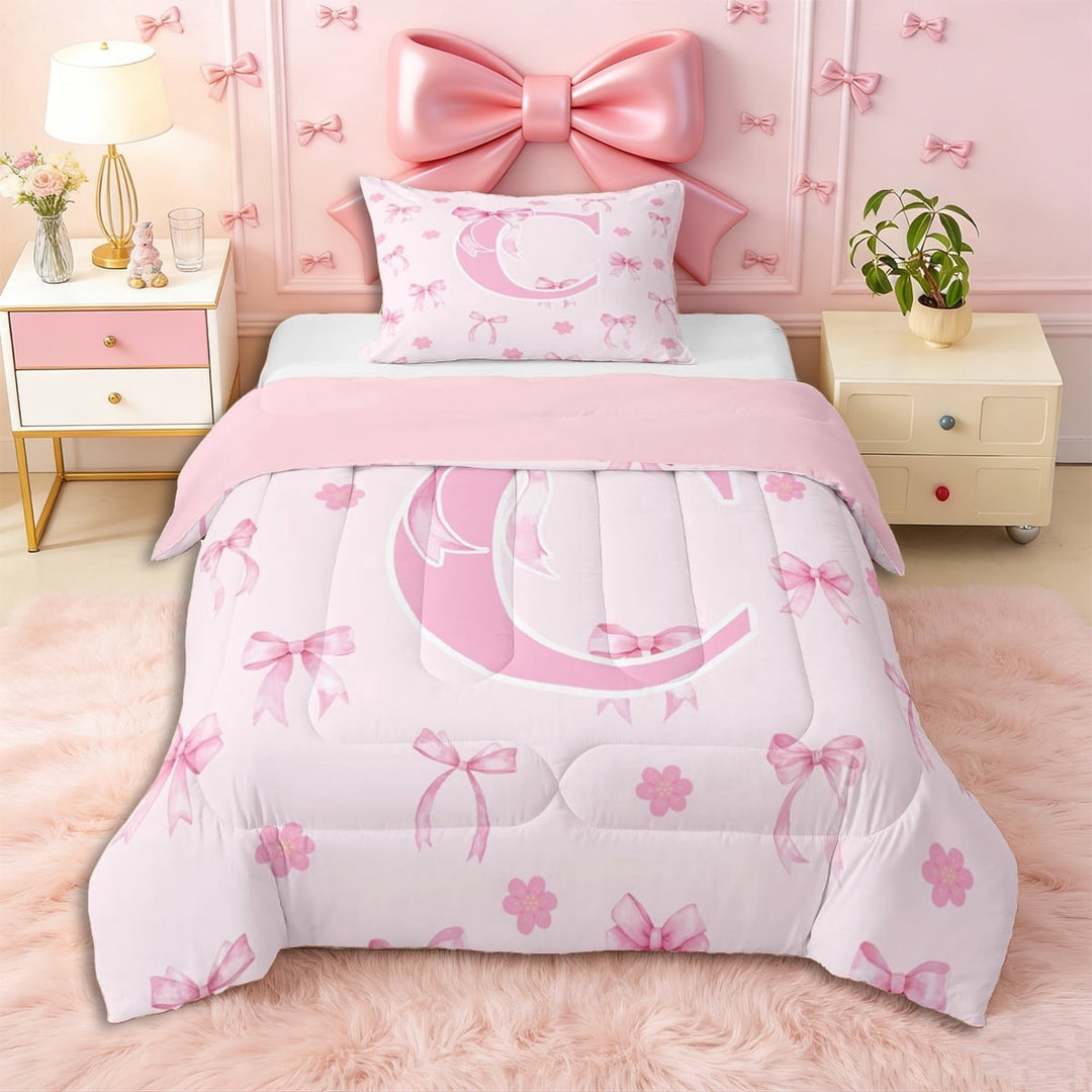 Erosebridal Kawaii Bowtie Letter C Monogrammed Twin Comforter Sets 3-Piece,Pink Flowers Sakura Bow Bedding Set,Pink Reversible,Luxury Bedroom Decor