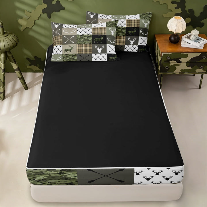 meiyoeat Rustic Patchwork Deer Zipper Twin Comforter Sets with Fitted Sheet and 2 Pillowcases For Boys,Vintage Farmhouse Camouflage Hunting Zipper Bedding Set, Green Brown,Black Reversible,4-Piece