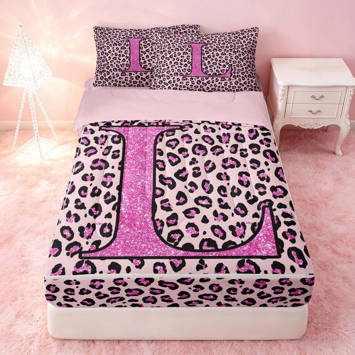 meiyoeat Glitter Leopard Print Letter L Zipper Twin Comforter Sets with Fitted Sheet and 2 Pillowcases, Girls Teens, Pink Sparkle Monogrammed Zipper Bedding Set, Pink Reversible