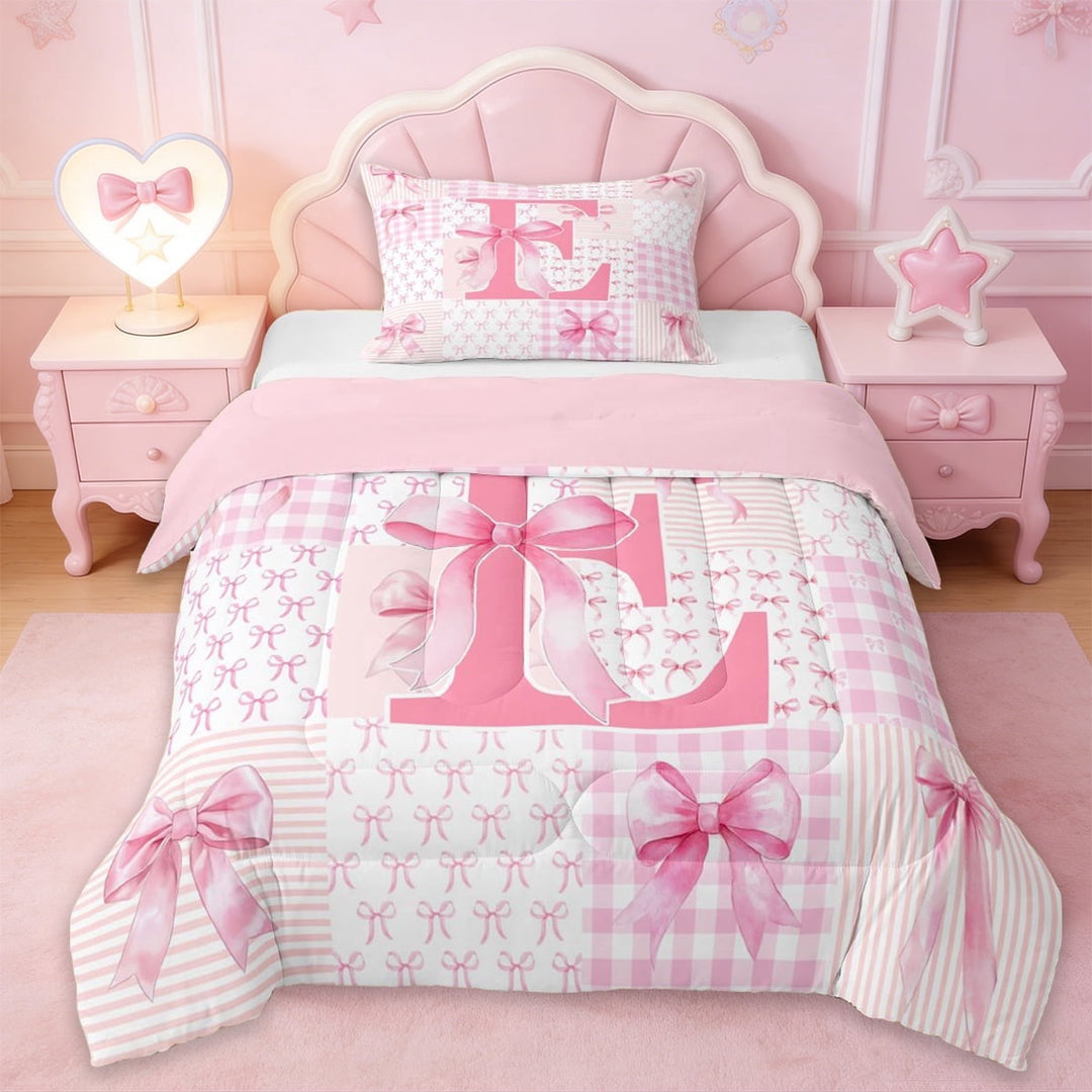 Erosebridal Pink Initial Letter E Kids Twin Comforter Sets,Geometric Checkered Cute Bows Bedding Set For Girls,Pink Reversible,2 Pieces