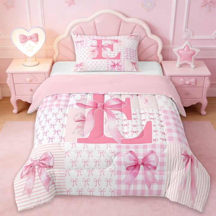 Erosebridal Pink Initial Letter E Kids Twin Comforter Sets,Geometric Checkered Cute Bows Bedding Set For Girls,Pink Reversible,2 Pieces