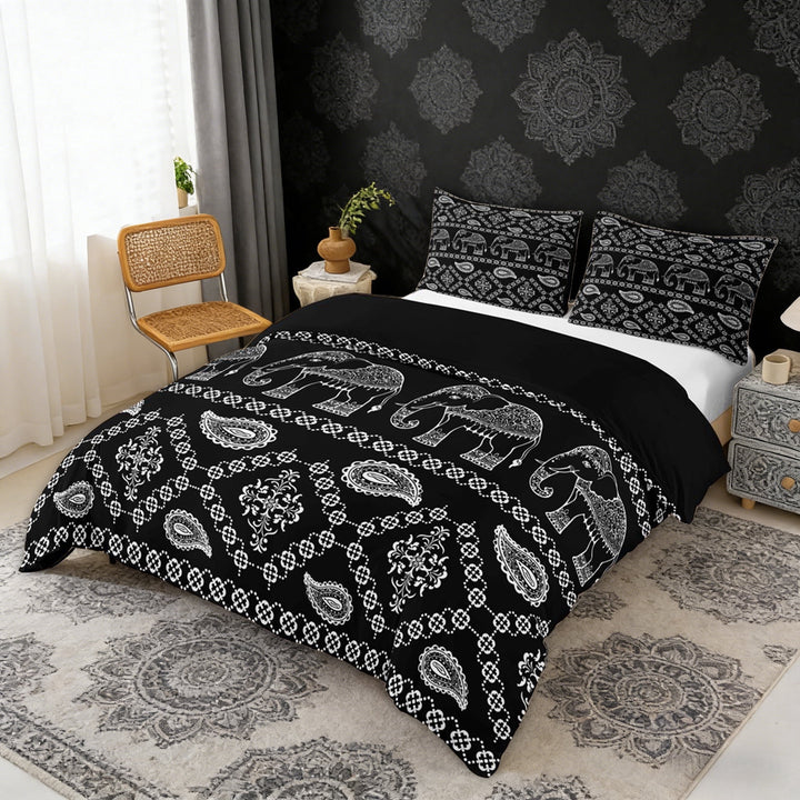 Erosebridal Bohemian Black Paisley Queen Duvet Cover Set, Hippie Elephant Bedding, Black Reversible 3pcs, 1 Duvet Cover and 2 Pillowcases (No Comforter)
