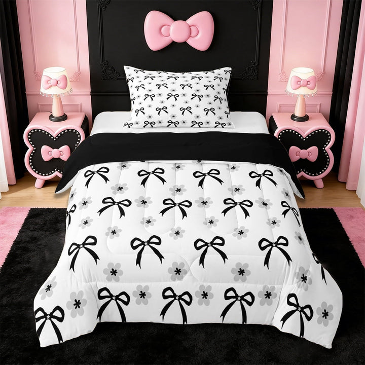 Erosebridal Black Cartoon Bowknot Twin Comforter Sets,Kawaii Bow Girls Bedding Set For Teens, Reversible 2pcs