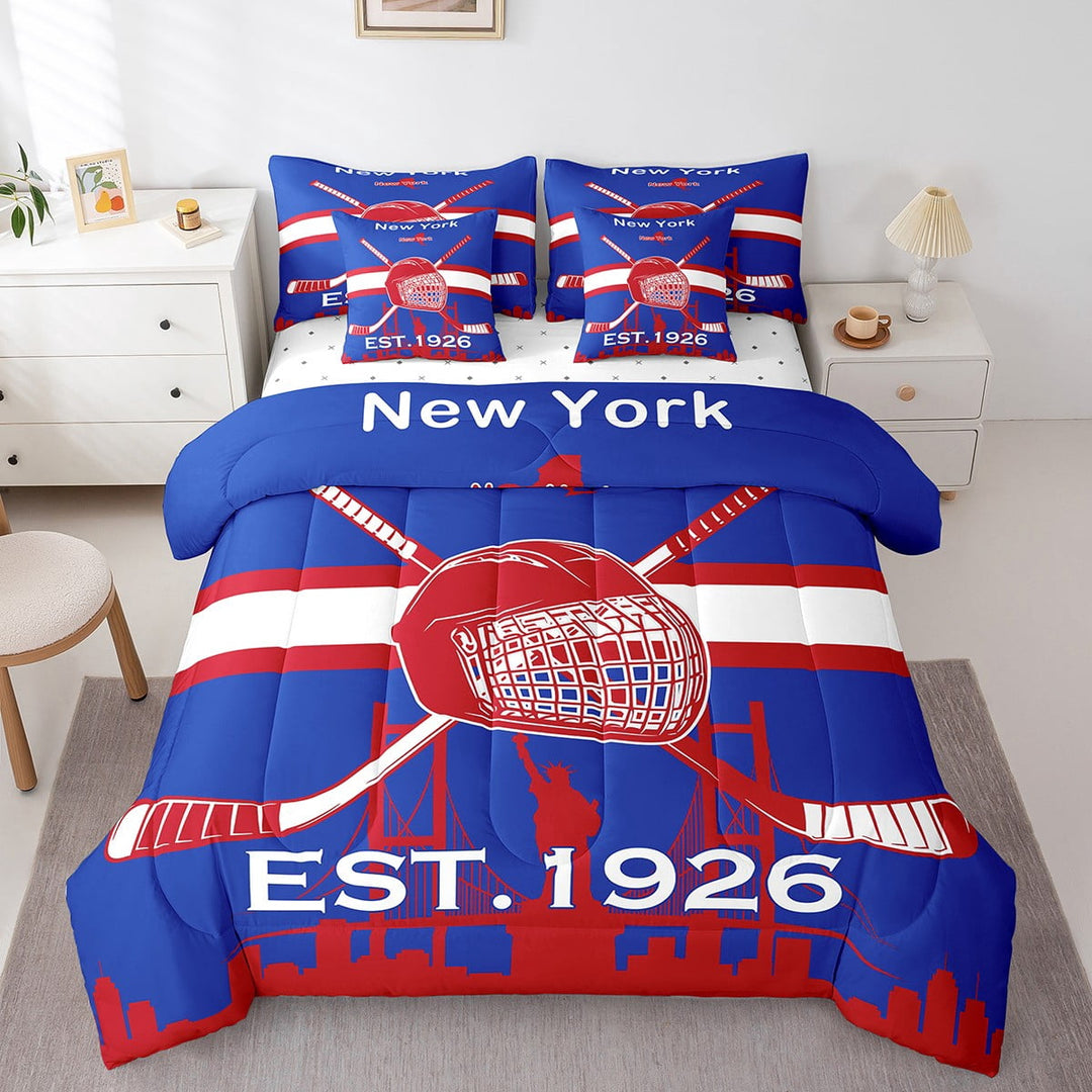 7-Pcs Ice Hockey Bedding Set , Twin Size Comforter Set with Sheets and Pillowcase, 7-Pcs Soft Lightweight Bed in a Bag,Hockey Player Bed Set,Winter Sports,New York