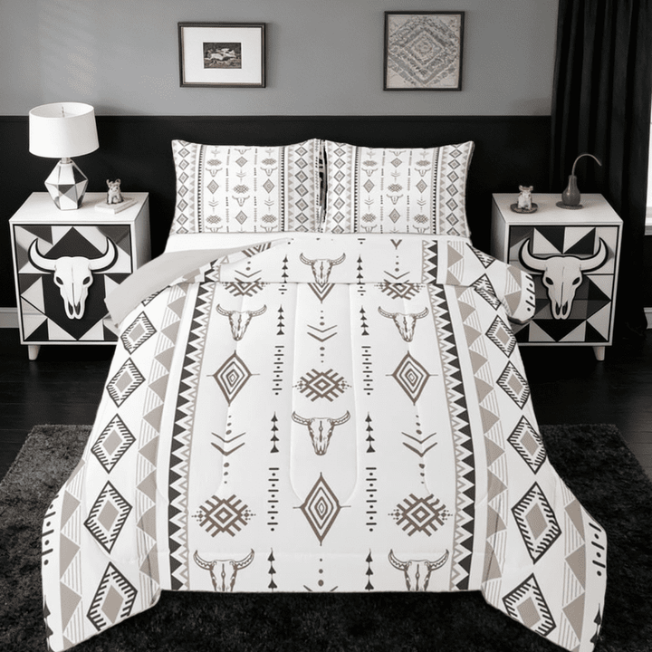 Manfei Bohemian Aztec Full Size Comforter Sets,Western Bull Skull Geometric Farmhouse Bedding Sets For Boys Men Adult Reversible 3pcs