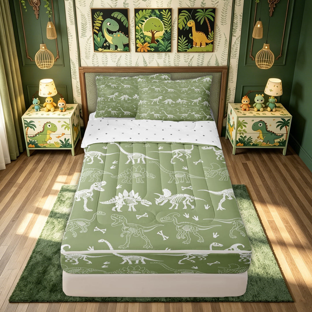 meiyoeat Dino Skeleton Zipper Comforter Set with Fitted Sheet and 2 Pillowcases for Kids Boys Teens, Brachiosaurus Wildlife Zipper Bedding Set, Olive, Reversible, 3 Pieces