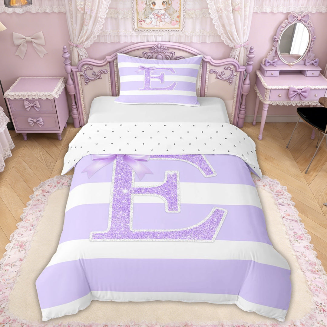 Erosebridal Glitter Print Bow Letter E Twin Bedding for Girls, Purple Stripes Ribbon Duvet Cover Set, Reversible, 1 Duvet Cover and 1 Pillowcase (No Comforter)