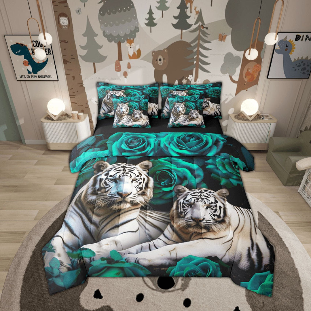 White Tiger Queen Comforter Set 7 Pieces Reversible Comforters Bed Set Bed in a Bag with Comforter,Turquoise Teal Rose Sheets,Pillowcases &amp; Shams,African Animals Flowers Floral Bedding Sets