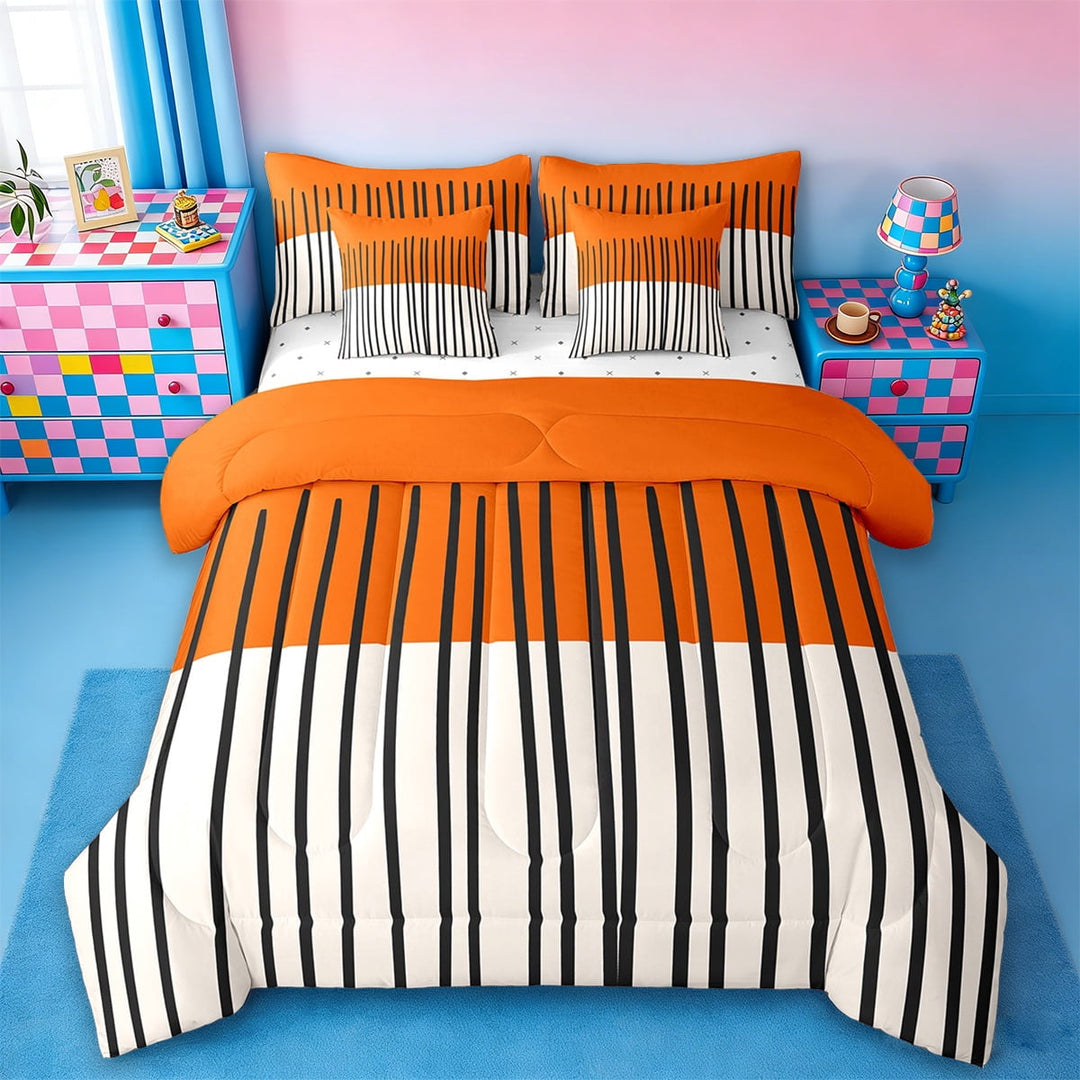 Erosebridal Orange Geometric Stripes Bedding Queen Size,Abstract Geometry Bed Set,Modern Design Bedding Sets Queen Size,Ultra Soft Bedroom Decorative Reversible,7pcs