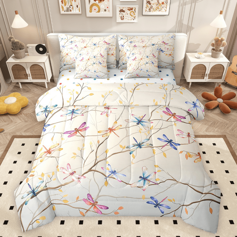 Erosebridal Rainbow Dragonfly Bedding Sets Twin Size, Cartoon Animal Comforter Sets with Sheets, Super Cozy