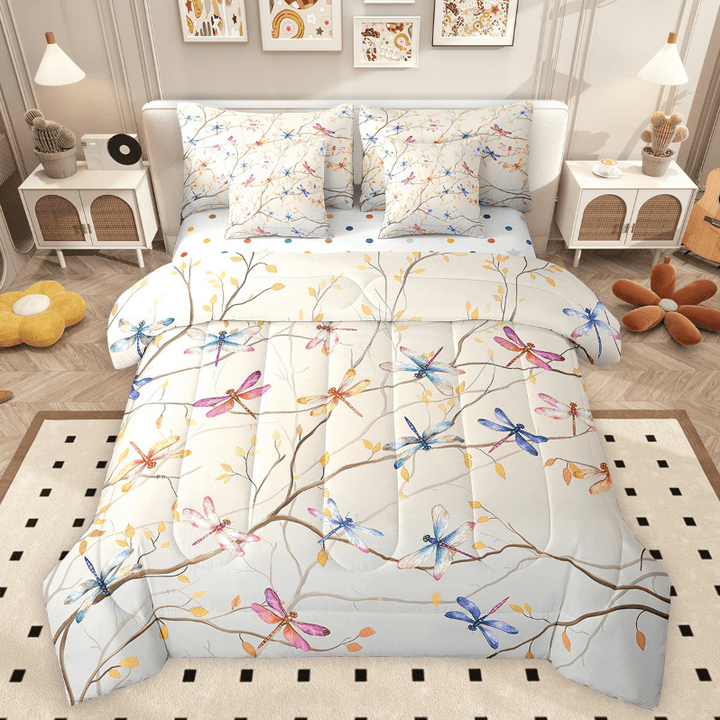 Erosebridal Rainbow Dragonfly Bedding Sets Twin Size, Cartoon Animal Comforter Sets with Sheets, Super Cozy